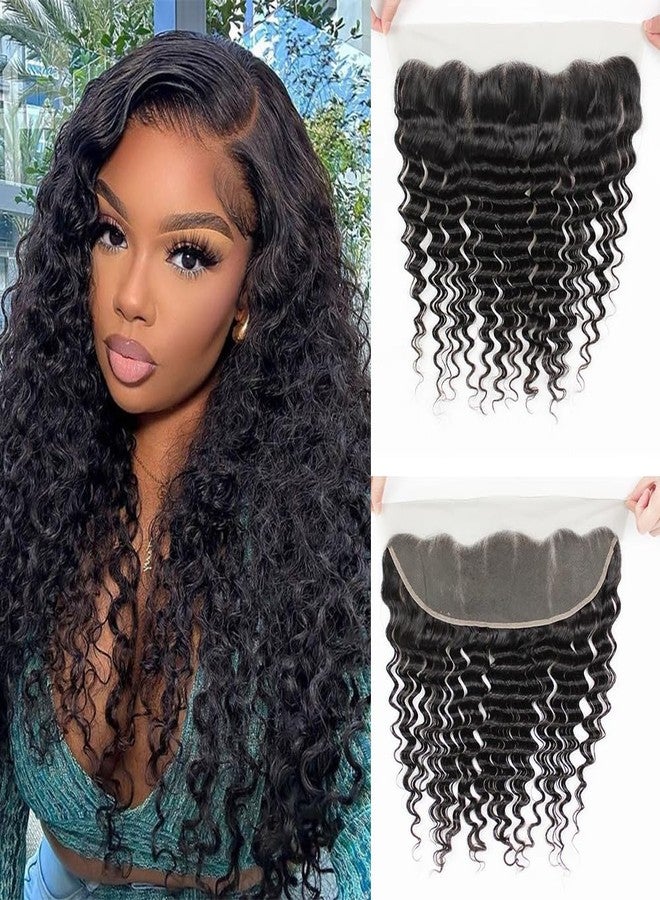 CHEEON 13x4 Transparent HD Lace Frontal 14 Inch Brazilian Deep Wave Lace Frontal Closure Human Hair 100% Unprocessed Virgin Human Hair Frontals Pre Plucked with Baby Hair 150% Density Natural Black - Image 1